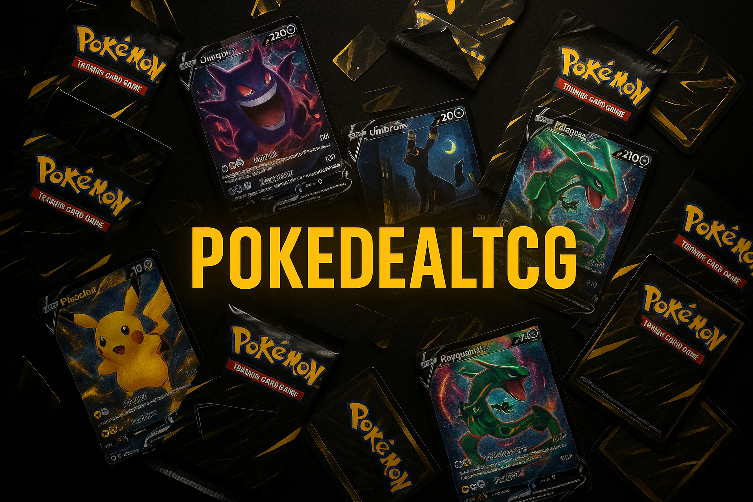 hazme una imagen que de fondo sean cartas y sobres pokemon que tenga mi logotipo y resalte el negro y el amarillo
